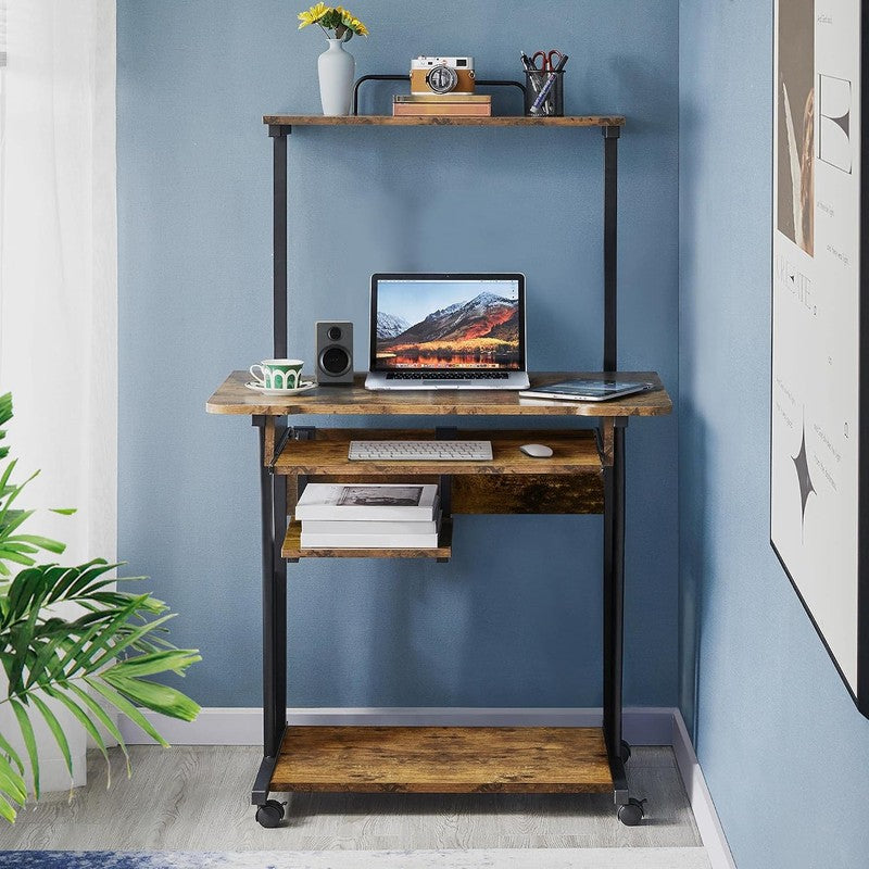 Small Rolling Computer Desk with Hutch and Shelves Rustic Brown - packaging