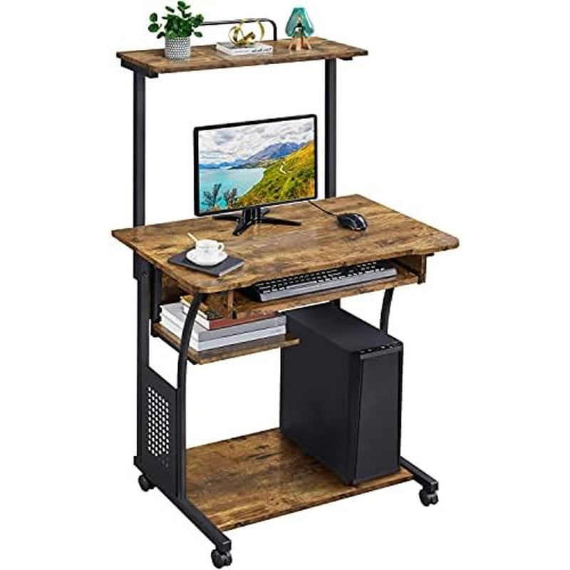 Small Rolling Computer Desk with Hutch and Shelves Rustic Brown - side angle