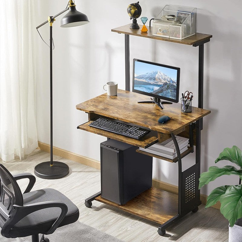 Small Rolling Computer Desk with Hutch and Shelves Rustic Brown - detail close-up