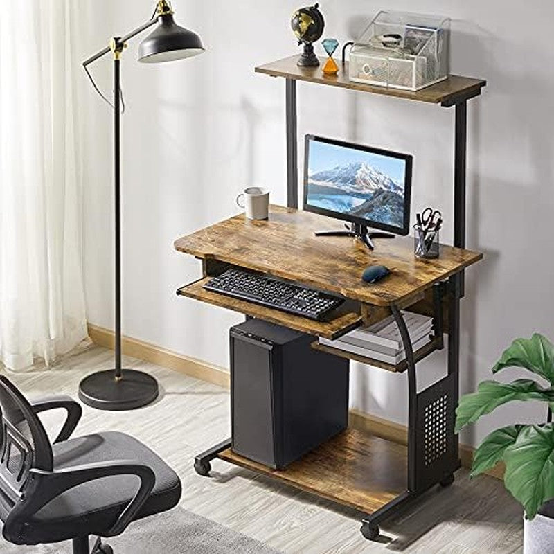Small Rolling Computer Desk with Hutch and Shelves Rustic Brown - in use