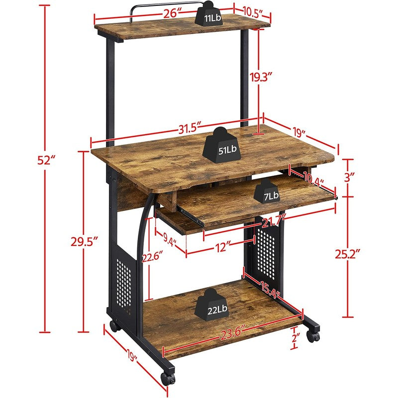 Small Rolling Computer Desk with Hutch and Shelves Rustic Brown - fabric and fit