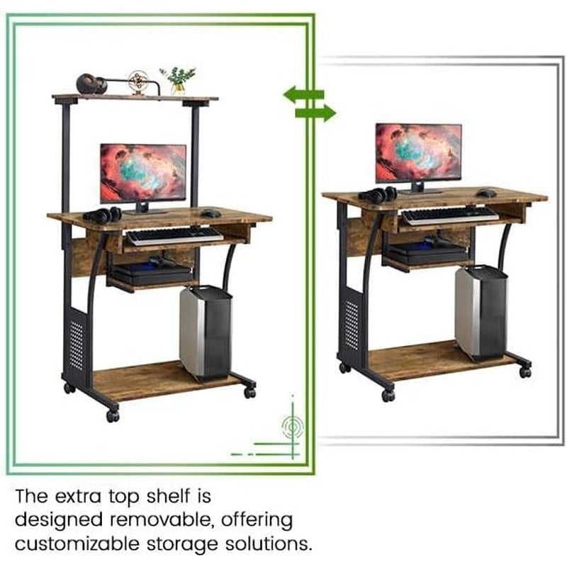Small Rolling Computer Desk with Hutch and Shelves Rustic Brown - top view