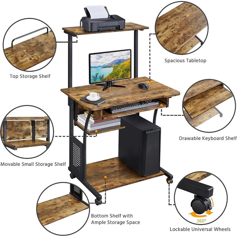 Small Rolling Computer Desk with Hutch and Shelves Rustic Brown - color detail