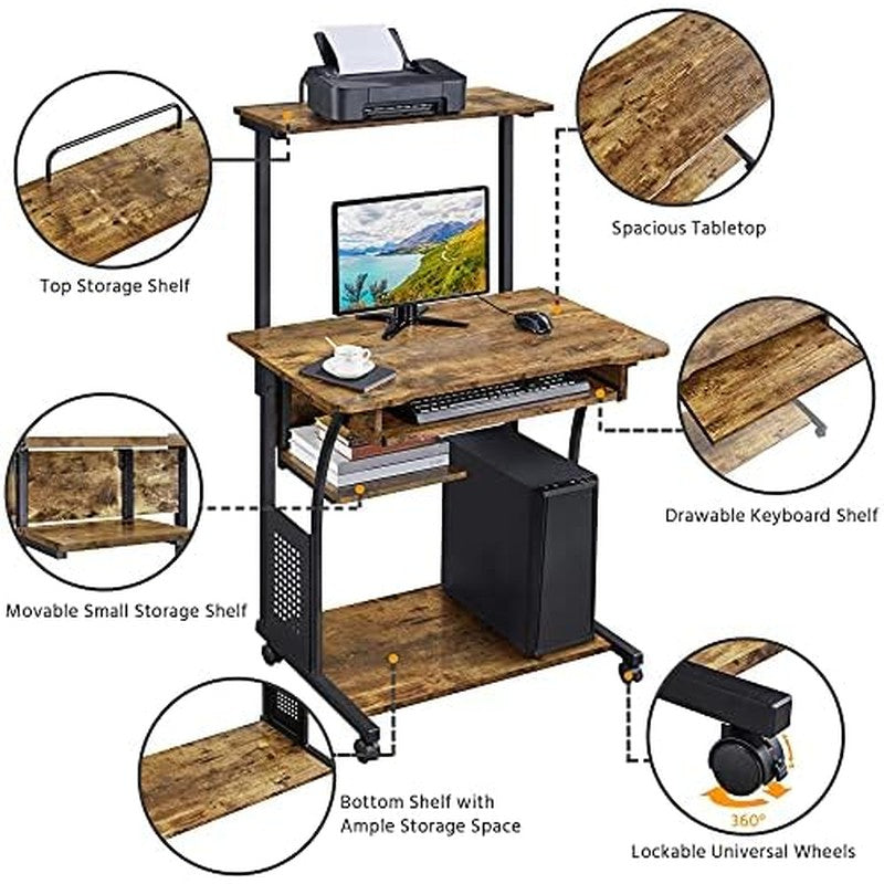 Small Rolling Computer Desk with Hutch and Shelves Rustic Brown - lifestyle look