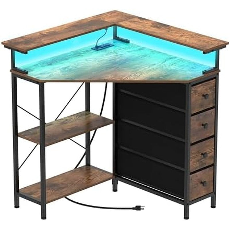 Corner Desk with Drawers Shelves for Small Space 9 Brown - side angle