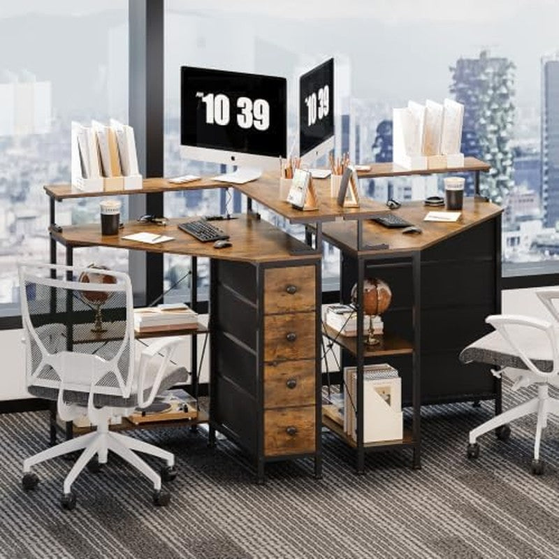 Corner Desk with Drawers Shelves for Small Space 9 Brown - in use