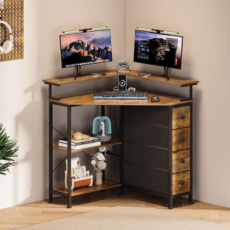 Corner Desk with Drawers Shelves for Small Space 9 Brown - top view