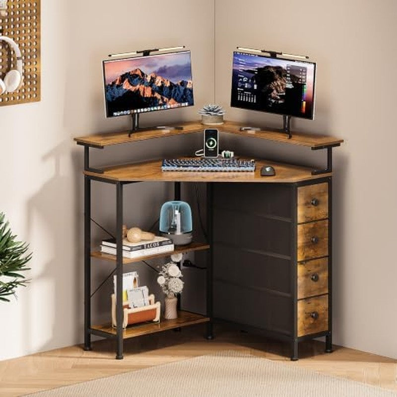 Corner Desk with Drawers Shelves for Small Space 9 Brown - color detail