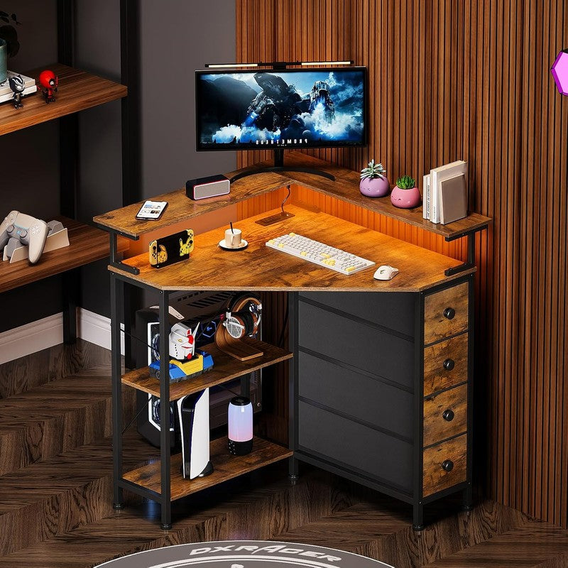 Corner Desk with Drawers Shelves for Small Space 9 Brown - lifestyle look