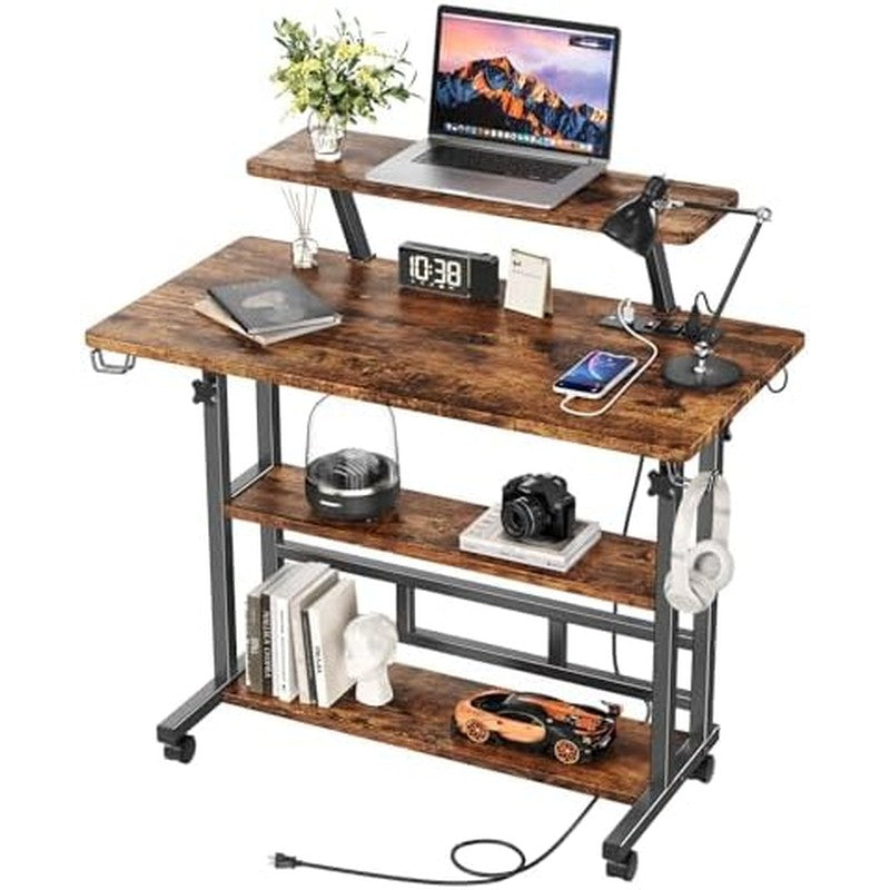 Adjustable Height Standing Desk with Power (Retro  Retro Brown - side angle