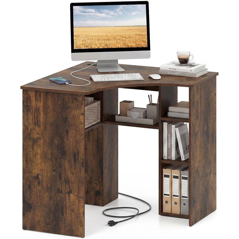 Corner Desk with Charging Station, 90-Degree Trian Rustic Brown - front view