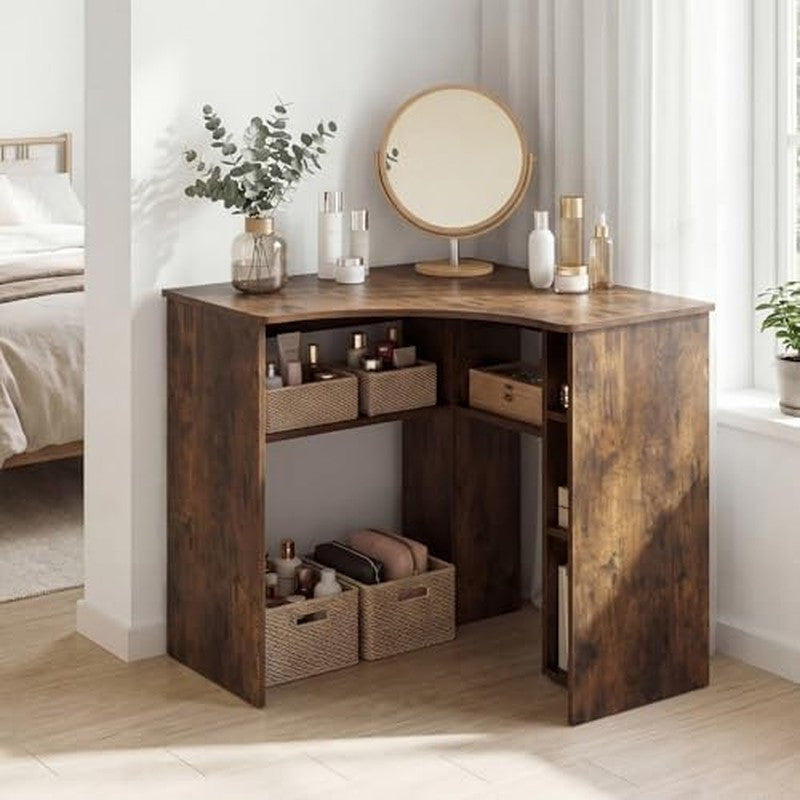 Corner Desk with Charging Station, 90-Degree Trian Rustic Brown - in use