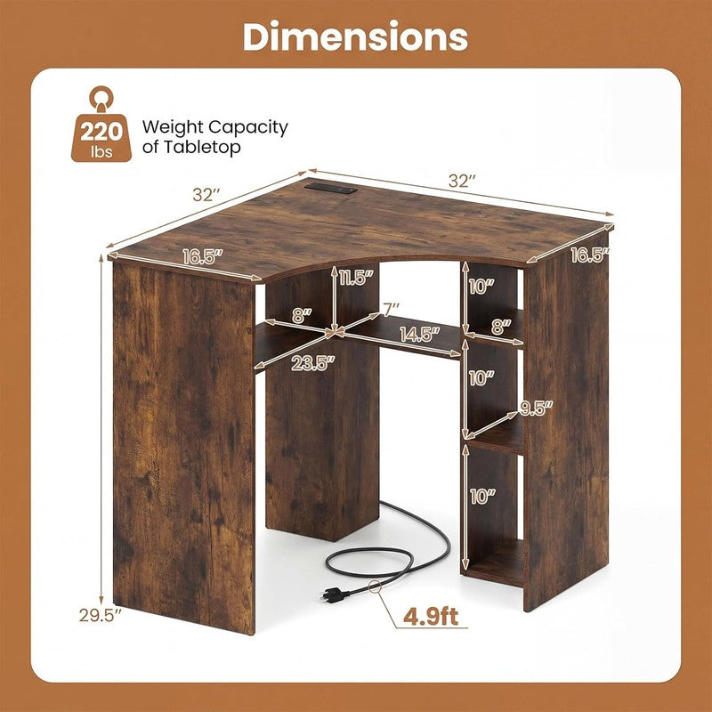 Corner Desk with Charging Station, 90-Degree Trian Rustic Brown - fabric and fit