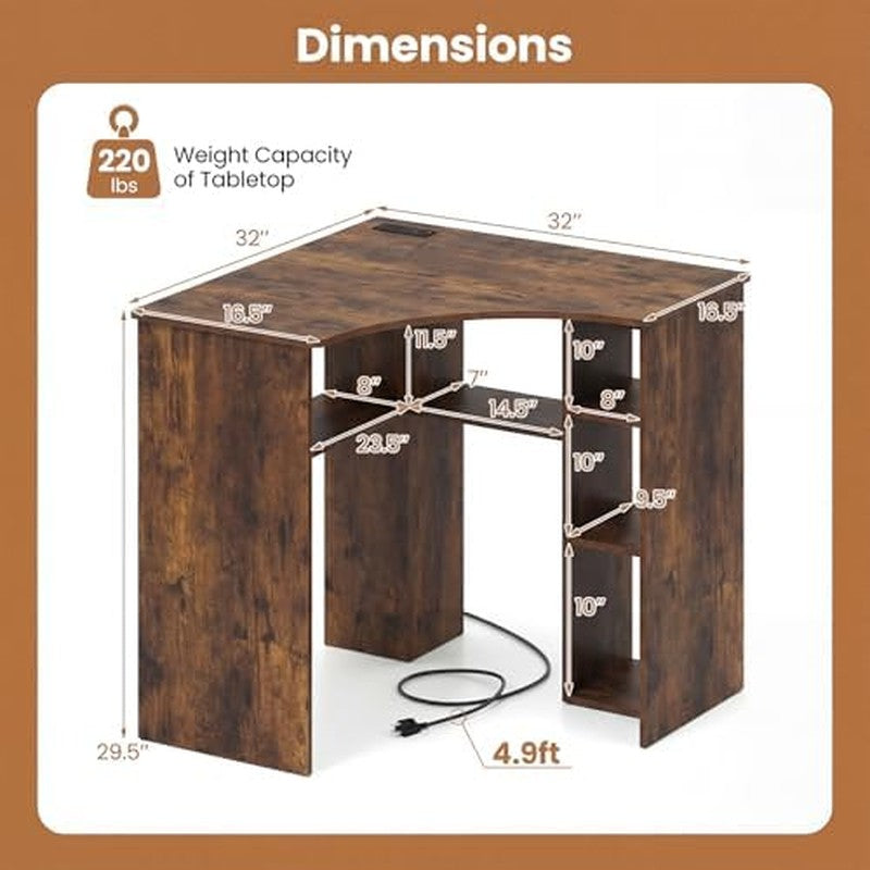 Corner Desk with Charging Station, 90-Degree Trian Rustic Brown - back view