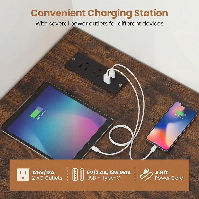 Corner Desk with Charging Station, 90-Degree Trian Rustic Brown - top view